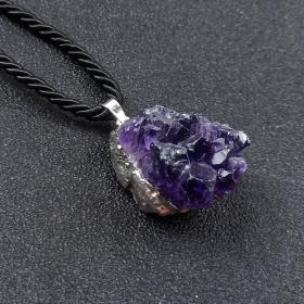 Amethyst cluster raw stone woven pendant（Silver edge）